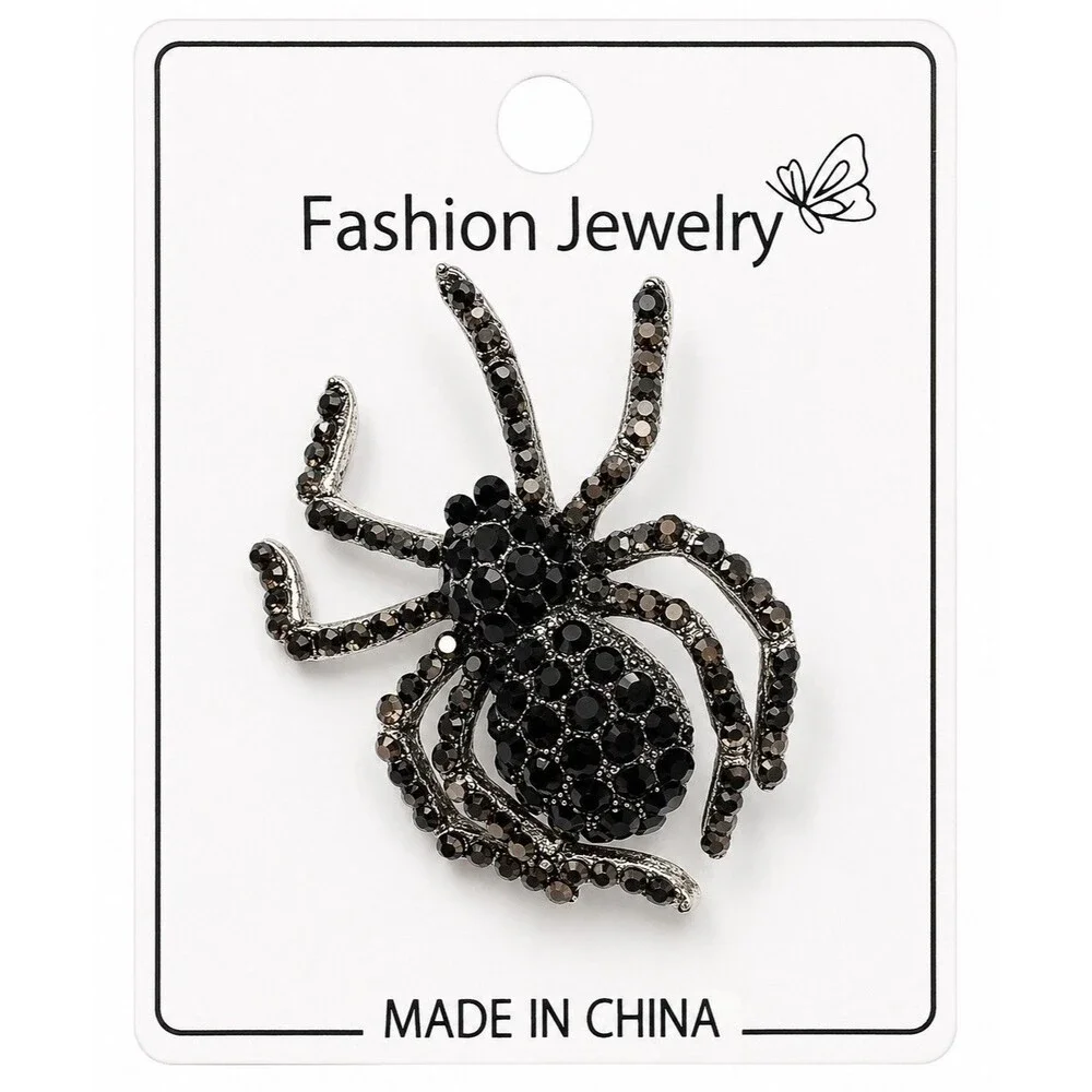 Black Rhinestone Spider Brooch Silver Tone Gothic Halloween Statement Pin NEW